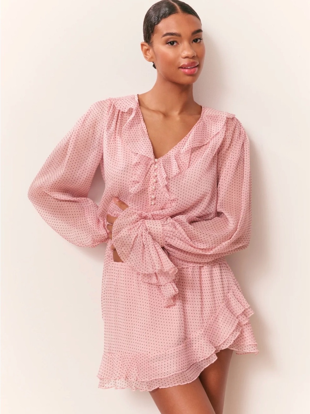Love ShackFancy Pink Polka Dot Tie-Neck Blouse